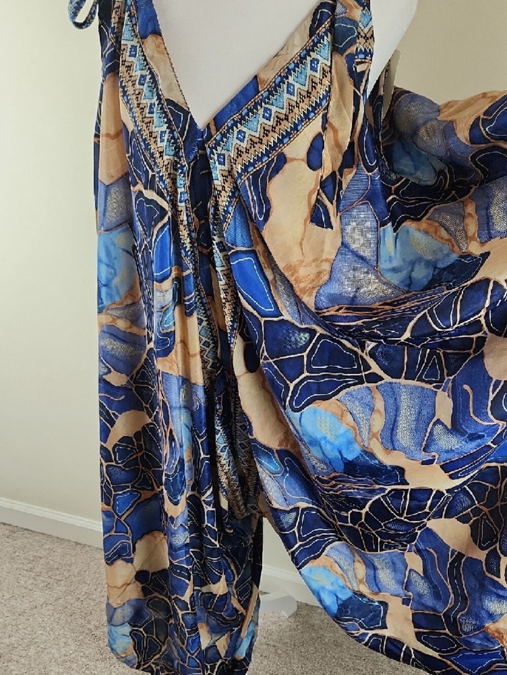Silk Blue Tan Abstract Print Tie-Shoulder Romper Jumpsuit S M L XL XXL One Size